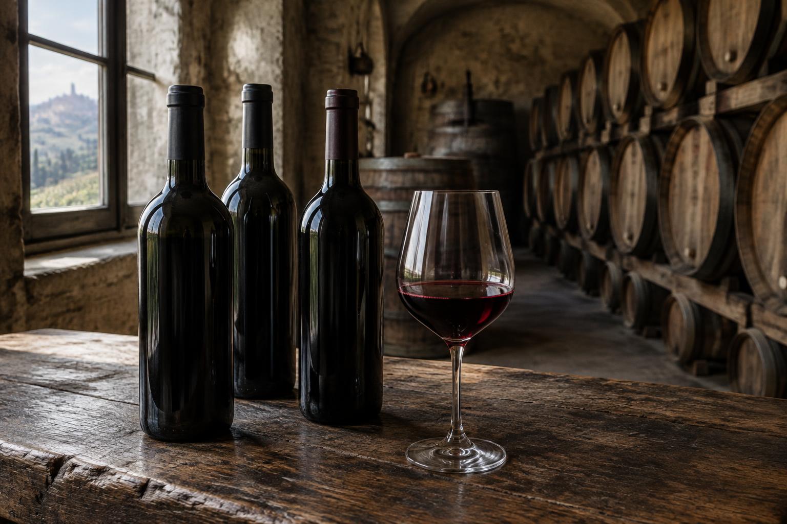 Bottiglie di vino e calice in una barricaia, immagine illustrativa